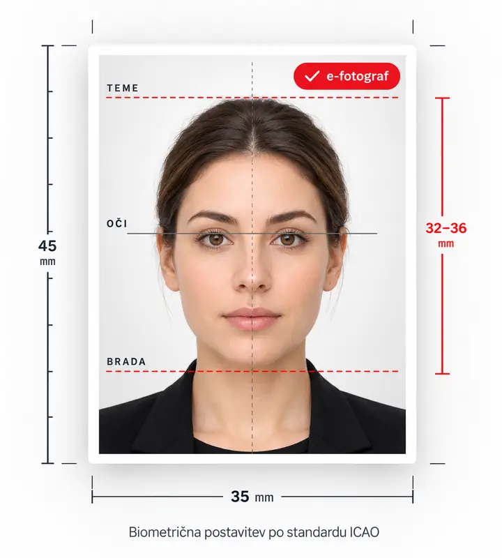 Biometrična fotografija za dokumente 35 × 45 mm z označenimi mejami: teme, linija oči, brada in višina glave 32–36 mm